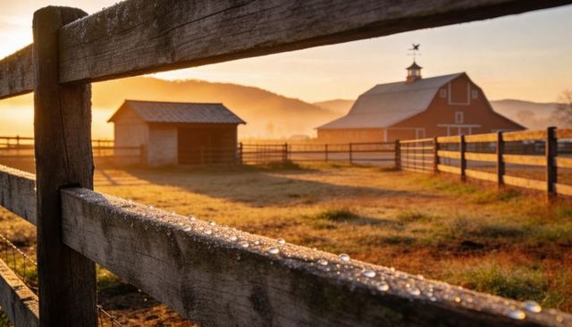 Dew-Kissed Fence Framing Sunrise Over Rustic Red Barn and Misty Pasture
