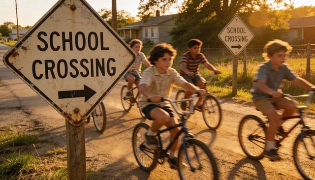Kids riding bikes past school crossing sign at golden hour on dusty neighborhood road