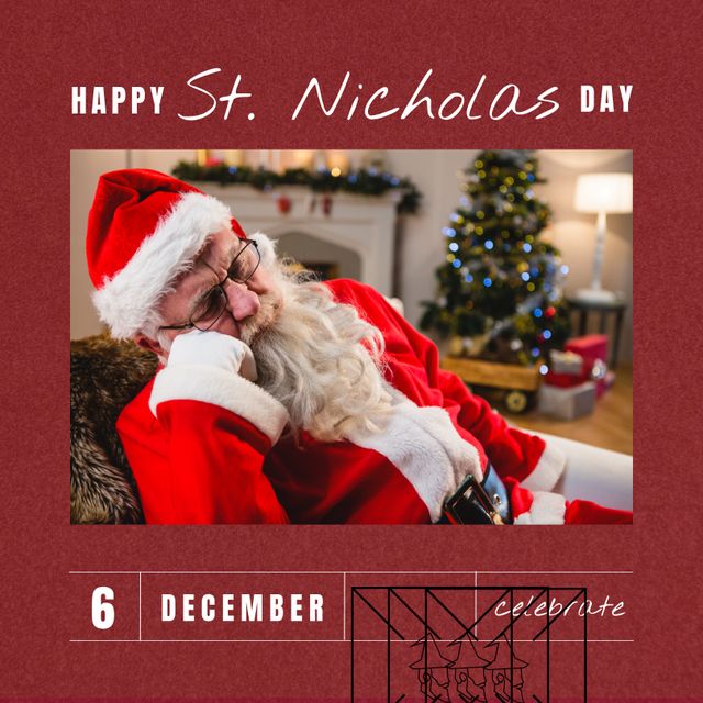 Composition of saint nicholas day text and sleeping santa claus at christmas. Christmas, festivity, celebration and tradition concept.