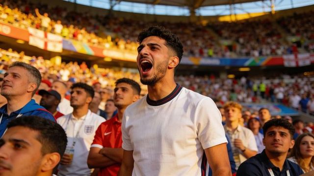 Young man cheering passionately in sunlit stadium during england football match