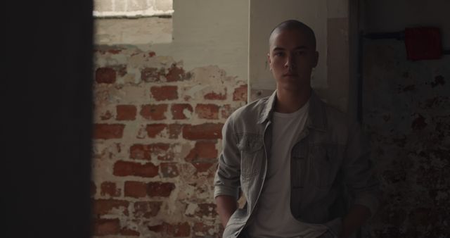 Pensive Young Man in Dimly Lit Industrial Setting - Download Free Stock Images Pikwizard.com