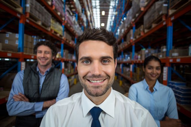 Warehouse team standing confidently in a storage facility, showcasing teamwork and professionalism. Ideal for use in business, logistics, and supply chain management contexts. Perfect for illustrating concepts of teamwork, employee satisfaction, and efficient warehouse operations.