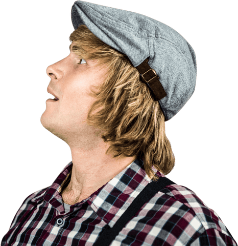 Surprised hipster blond with gray cap glancing up transparent background