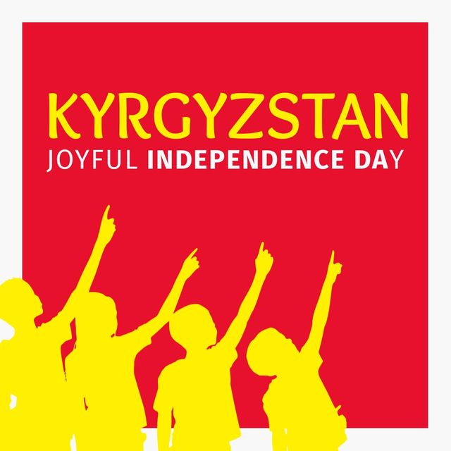 Illustration shows children raising their hands joyfully against a red background, celebrating Kyrgyzstan's Independence Day. Ideal for promotional materials, social media posts, educational content, and greeting cards related to patriotic events, national holidays, and children's activities in Kyrgyzstan.