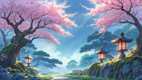 Anime cherry blossom trees in tranquil japanese garden landscape