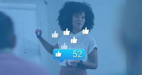 Woman presenting at flipchart, gesturing with social media likes overlay showing 52 likes