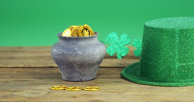 Features a pot of gold with coins, a green glitter hat, and shamrocks on a wooden table against a green background. Ideal for themes related to St. Patrick's Day, Irish traditions, festive celebrations, and holiday decoration inspiration.