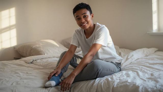 Smiling woman sitting on bed adjusting sock, cozy sunlit minimal bedroom morning routine