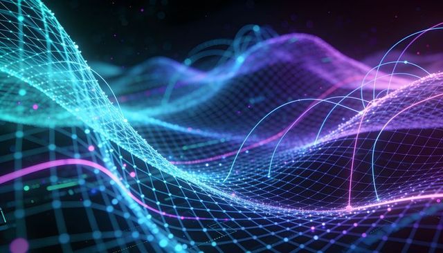 Flowing neon wireframe waves forming holographic data grid with glowing nodes and arcs