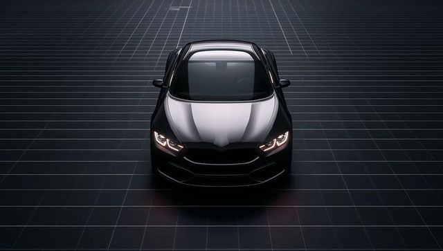 Sleek futuristic black sedan with led headlights on reflective floor