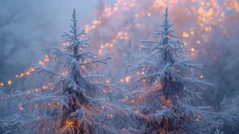 Frosted Fir Trees Glowing with Amber Lights in Misty Winter Bokeh