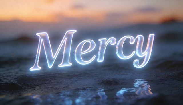 Glowing mercy glass typography floating over rippled sea at dusk with sparkling reflection