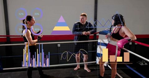Male coach coaching two female boxers in ring with digital performance hud overlays