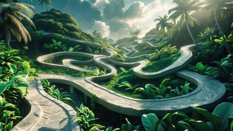 Winding terraced pathways in lush tropical hillside garden