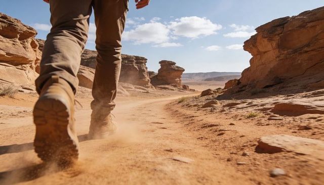 Solo hiker walking through red sandstone canyon kicking up dust on desert trail