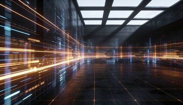 Futuristic neon data corridor with glowing grid lines and motion light trails for tech