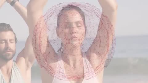 People Practicing Meditation at Beach with Geometric Overlay