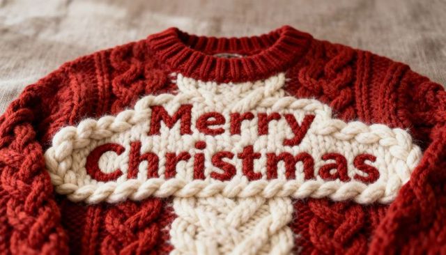 Handmade merry christmas cable-knit sweater featuring cream braided panel