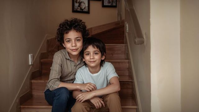 Two brothers sitting on wooden stairs smiling together, cozy family moment at home