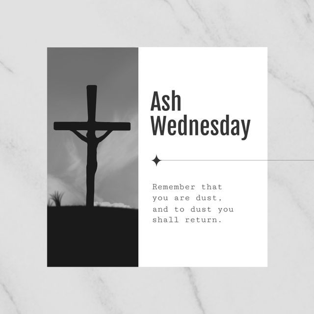 Image of ash wednesday and cross in black and white over marble background. Religion, christianity, easter and celebration concept.