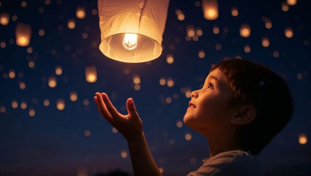 Joyful Child Reaching Toward Floating Sky Lanterns at Night Feast