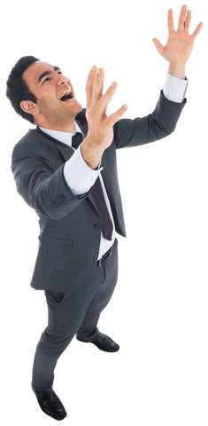 Excited Businessman in Suit Raising Arms on Transparent Background