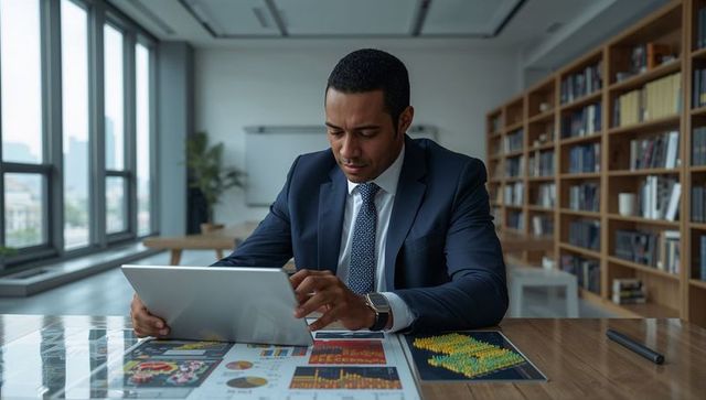 Executive analyzing touchscreen tablet and market data charts in corporate workspace