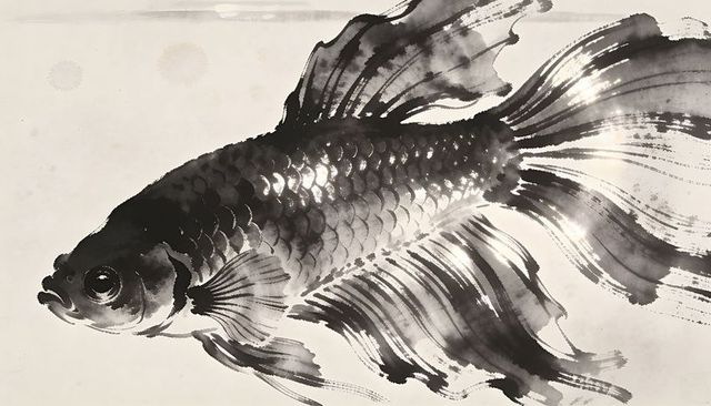 Sumi-e goldfish ink wash with flowing fins, layered scales on textured paper