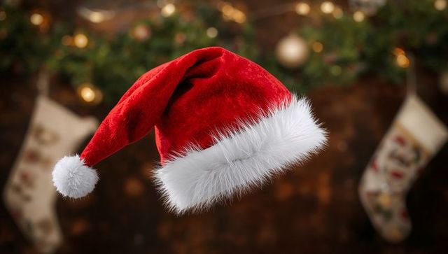Floating red velvet Santa hat with white fur trim over festive mantel bokeh lights