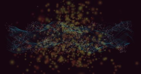 Abstract digital waves with yellow dots on black background