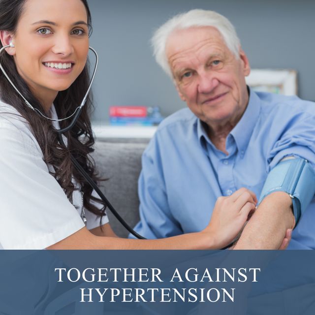 Composition of hypertension day text over caucasian doctor treating patient with stethoscope. Hypertension day and medicine, digitally generated image.
