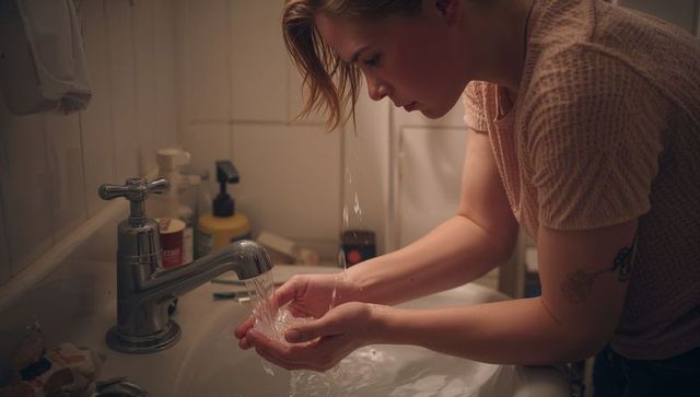 Leaning woman cupping water at bathroom sink with tattoo closeup warm intimate home moment