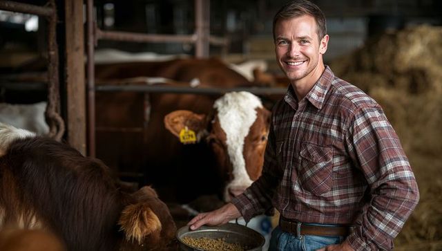 Smiling farmer feeding cattle in rural barn setting