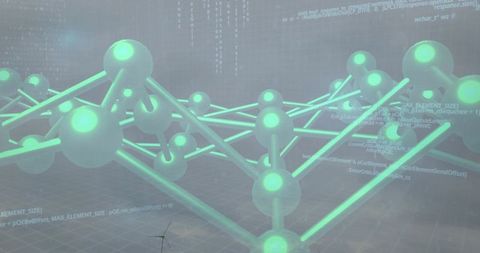 Glowing teal lattice connecting nodes above hazy seascape with code and wind turbine