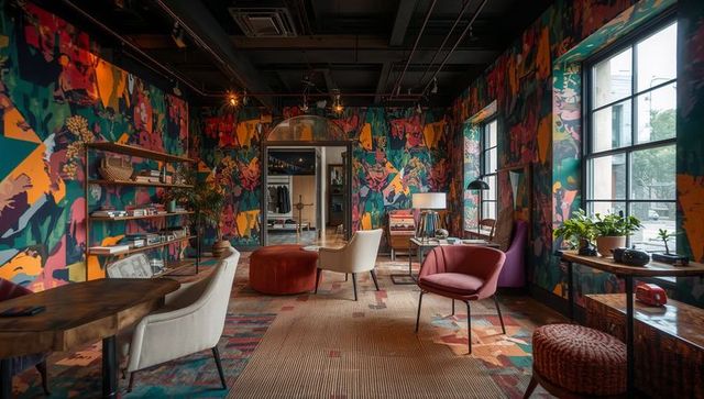 Boutique hotel lounge featuring bold floral wallpaper, mauve armchairs, rust ottoman