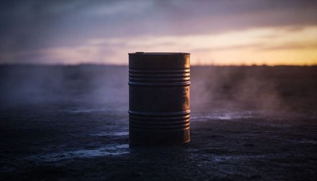 Weathered Rusted Metal Barrel Releasing Mist on Cracked Ground at Dawn, Moody Industrial Sunrise