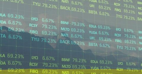 Financial Data Overlays Displayed on Scenic Mountain Landscape
