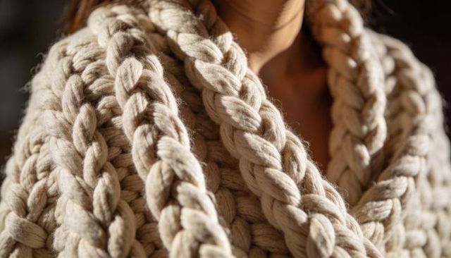 Chunky handknit cable sweater close-up showing cream yarn texture and braided detail