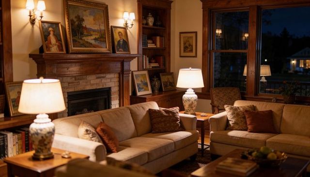 Cozy traditional living room glowing with warm amber light and beige sofas