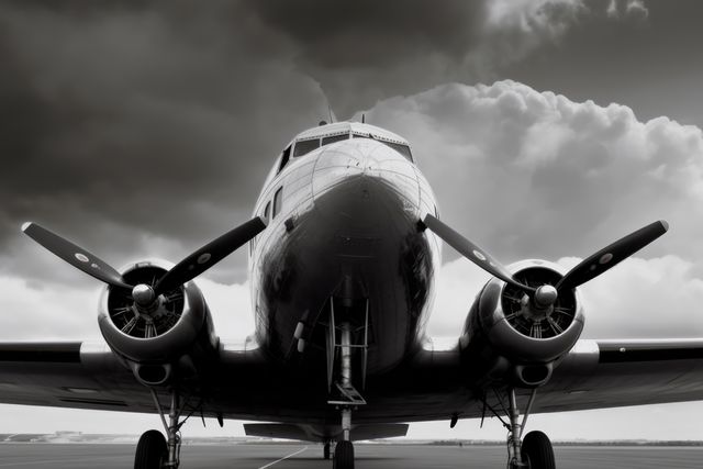 Airplane on runway with clouds in black and white, created using generative ai technology. Air travel, air transport, airplane and flying concept digitally generated image.