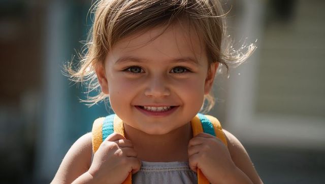 Smiling toddler gripping backpack straps on sunlit front porch