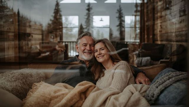 Mature couple snuggling on sofa in rustic cabin, wrapped in knit sweaters and blankets