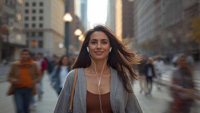 Young woman walking in city with earphones and windblown hair commuting lifestyle portrait