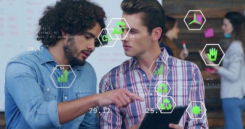 Collaborating on tablet with augmented analytics overlay, team analyzing data in office