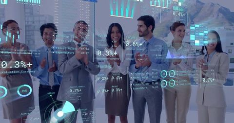Business team applauding after successful presentation with futuristic data hud overlay