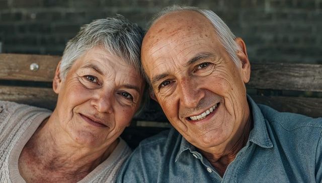 Senior couple leaning heads and smiling on wooden bench close-up, showing warm affection