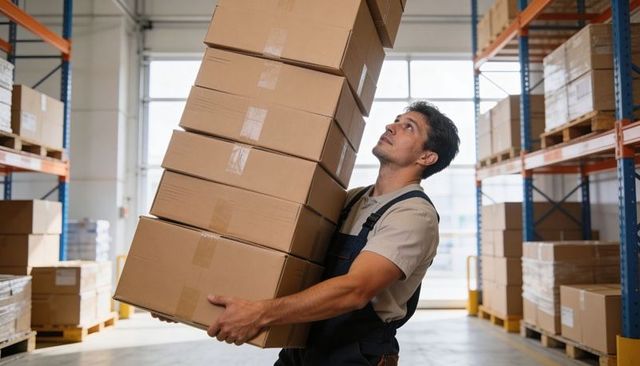 Warehouse Worker Carrying Tall Stack of Cardboard Boxes in Modern Fulfillment Center