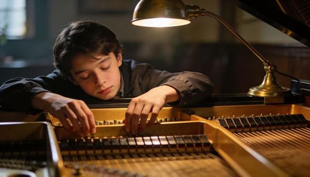 Teen inspecting grand piano strings and tuning pins under warm brass lamp