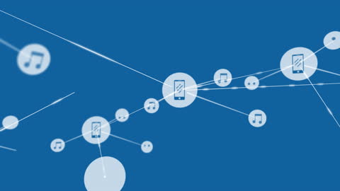 Design showing interconnected smartphone and music icons on a blue background represents modern communication and technological integration. Useful for illustrating themes in digital connectivity, online networks, or modern interface solutions. Suitable for tech blogs, presentations, or digital transformation content.
