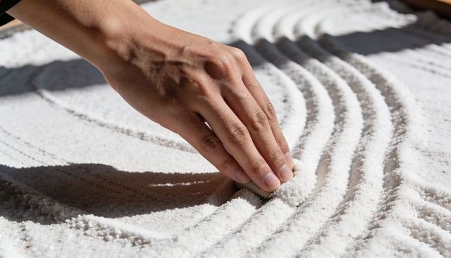 Hand raking zen garden sand into concentric grooves for mindfulness and tactile texture